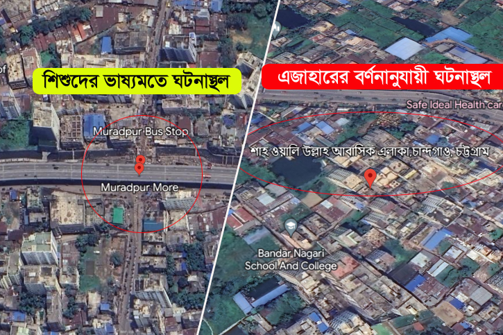 শিশুদের ভাষ্যমতে দেখানো ঘটনাস্থল ও এজাহারের বর্ণনানুযায়ী ঘটনাস্থল। ছবি: গুগল আর্থ থেকে নেওয়া।