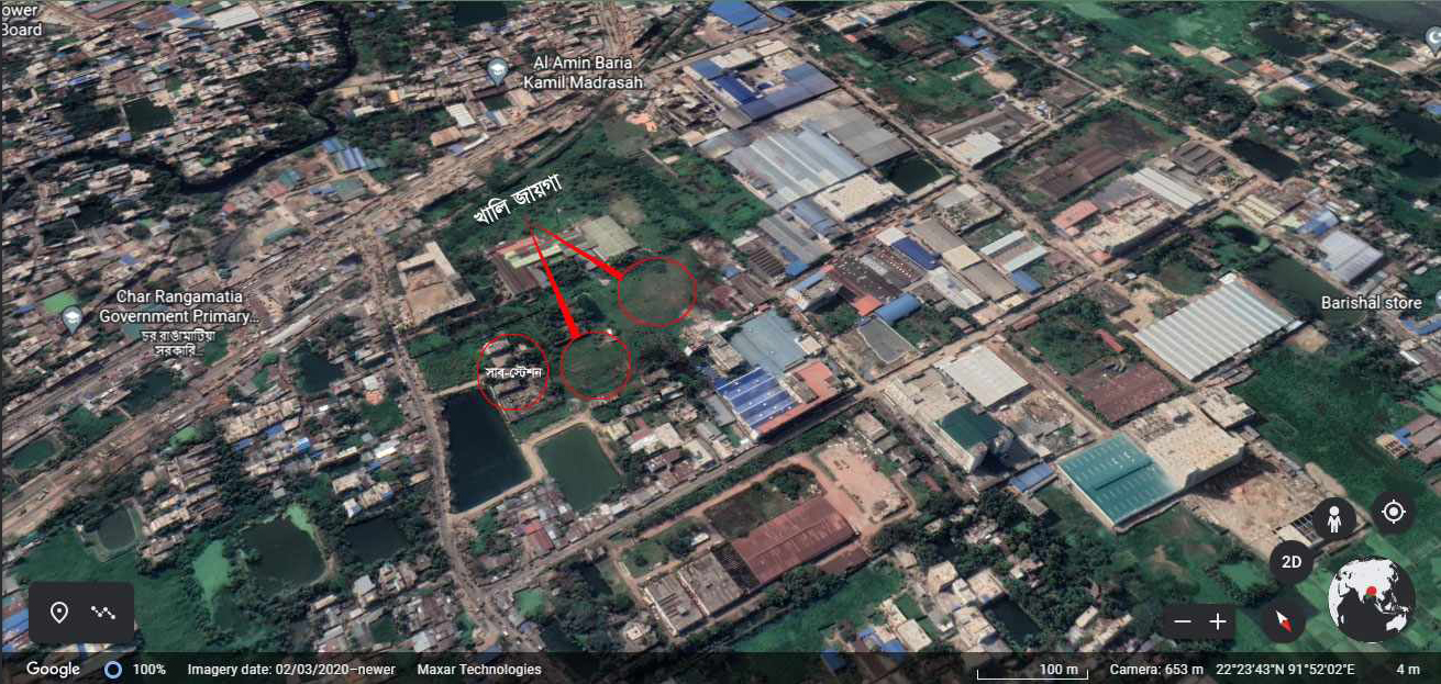 প্রস্তাবিত জায়গা থেকে এক কিলোমিটার দূরে থাকা বর্তমান বিদ্যুৎ উপকেন্দ্র এবং তার পাশেও আছে খালি জায়গা। ছবি:গুগল আর্থ 