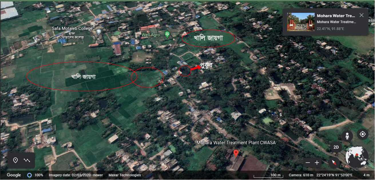 পুকুরের পাশে প্রকল্প উপযুক্ত বিশাল খালি জায়গা থাকার প্রমাণ- ছবি গুগল আর্থ